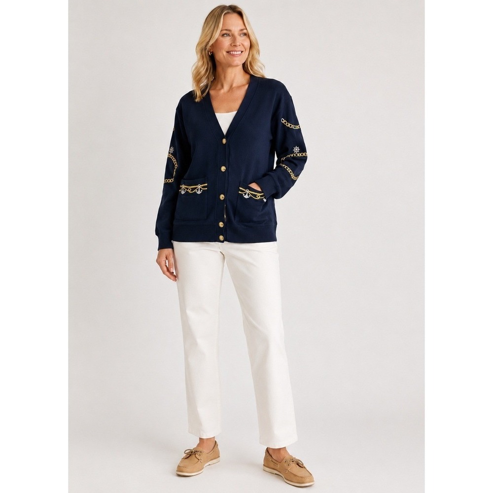 Vintage Tara Vanessa Cardigan Sweater Womens M‎ Oversized Blue Nautical Pockets